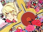  bad_id bad_pixiv_id blonde_hair card falling_card flower iris_(flower) ivan_karelin kanata169 male_focus peony_(flower) purple_eyes shuriken solo tiger_&amp;_bunny wisteria 