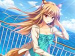  1girl animal_ears blonde_hair blush bow breasts brown_hair cleavage clothed clothing cloud collarbone dutch_angle female fox_ears foxgirl frills game_cg hair hand_in_hair hi_res highres jacket large_breasts long_hair looking_at_viewer miyama_kon mole ocean open_mouth otomimi_infinity outdoors red_eyes shirt sky smile solo sunlight tail tank_top wallpaper water yasaka_minato 