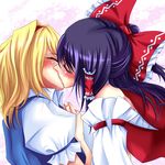  alice_margatroid azusayumi_meme bad_id bad_pixiv_id blonde_hair blue_dress blush bow closed_eyes couple detached_sleeves dress hair_bow hair_tubes hairband hakurei_reimu kiss lowres multiple_girls purple_hair red_dress shirt touhou yuri 