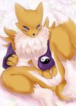  big_breasts blue_eyes breasts canine chest_tuft digimon eixin female fox fur looking_at_viewer mammal nude plain_background pose renamon sitting solo spread_legs spreading tuft white_background yin_yang 
