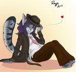  &lt;3 cat clothing egyptian_mau fedora feline female green_eyes hair hat in_abyss mammal necktie one_eye_closed pregnant purple_hair red_nails shampu_(shampu123) shirt solo striped stripes trenchcoat wink 