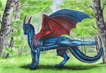  blue_body drache dragon feral forest horn male markings penis red_markings solo tree unknown_artist wings wood 