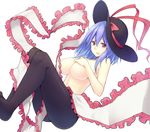  black_legwear blue_hair breasts covering covering_breasts frills hat hiroya_juuren large_breasts nagae_iku pantyhose red_eyes shawl short_hair simple_background solo topless touhou underwear underwear_only 