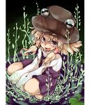  :d bad_id bad_pixiv_id barefoot blonde_hair brown_eyes frog_eyes hair_tubes hat kariinu lily_pad looking_at_viewer miniskirt moriya_suwako open_mouth purple_skirt skirt skirt_set smile solo squatting touhou v_arms water 