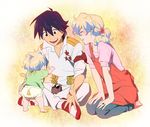  1girl baby blue_hair boota couple diaper family good_end happy hetero husband_and_wife if_they_mated jewelry mosako multicolored_hair nia_teppelin outstretched_hand ring simon sitting smile tengen_toppa_gurren_lagann two-tone_hair 