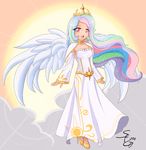  breasts celestia_(my_little_pony) choker cleavage cloud crown detached_sleeves dress high_heels highres light_rays long_hair medium_breasts multicolored_hair my_little_pony my_little_pony_friendship_is_magic open_mouth personification pink_eyes seiryuga shoes smile solo sparkle sun sunbeam sunlight tiara very_long_hair wings 