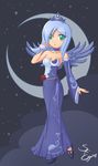  adjusting_hair asymmetrical_clothes bare_shoulders blue_hair breasts choker cleavage cloud crescent crescent_moon crown detached_sleeves dress green_eyes highres long_hair luna_(my_little_pony) medium_breasts moon my_little_pony my_little_pony_friendship_is_magic open_mouth personification seiryuga shoes sky solo star_(sky) starry_moon starry_sky tiara wings 