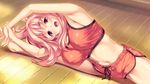  armpits barefoot breasts d-eve_in_you eyebrows flexible game_cg gokokukyou gym_shorts large_breasts legs long_hair navel on_floor pink_eyes pink_hair purple_eyes shorts smile solo split stretch tank_top thick_eyebrows ubukata_yume wooden_floor 