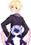  blonde_hair clothed clothing cub dragon hair horn human looking_at_viewer looking_back looking_over_shoulder male mammal pose shota size_difference snooow white_hair yksel young 