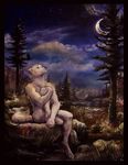  canine forest grass male mammal moon mountain nature night outside painting_(art) scenery seskata sitting solo traditional_media tree watercolor_(art) watercolour wolf wood 