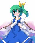  blush daiyousei green_eyes green_hair hair_ribbon hand_to_own_mouth kt2 ribbon side_ponytail solo touhou wings 