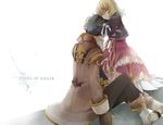  1girl alvin_(tales) blonde_hair boots bow brown_hair closed_eyes coat comforting copyright_name couple dress elize_lutus frills gloves height_difference hetero hug ichinose_(sorario) knee_boots light_particles pants ribbon sad short_hair sitting tales_of_(series) tales_of_xillia 