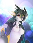  abstract_background breasts chest_tuft facial_markings female hair horn hybrid long_hair looking_at_viewer markings nipples obsidian_(character) red_eyes smile solo tsampikos tuft 