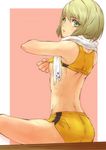  armpits ass blonde_hair breasts face green_eyes hands highres huang_baoling nipples oliolio shirt_lift short_hair shorts small_breasts solo tiger_&amp;_bunny towel 