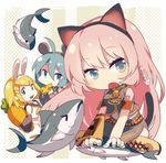  ahoge animal_ears aqua_hair blonde_hair blue_eyes bunny_ears carrot cat_ears cheese eating fish food hair_ornament hairclip hatsune_miku kagamine_rin kemonomimi_mode long_hair lowres megurine_luka mouse_ears multiple_girls oharu open_mouth pink_hair smile tuna twintails very_long_hair vocaloid 