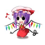  arms_behind_back ascot blush_stickers chibi cosplay flandre_scarlet flandre_scarlet_(cosplay) hat ichimi laevatein musical_note nagae_iku open_mouth purple_hair short_hair solid_circle_eyes solo touhou wings 