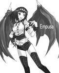  bat_wings belt boots empusa fingernails greyscale hairband kara_(color) mole mole_under_eye monochrome mythology navel original short_hair short_shorts shorts simple_background solo suspenders thigh_boots thighhighs wings wrist_cuffs 