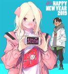  1boy 1girl 2019 akeome animal_ears bangs black_pants blonde_hair blue_background chinese_zodiac coat commentary commentary_request english_commentary grey_hoodie hands_in_pockets happy_new_year holding hood hood_down hoodie long_sleeves looking_at_viewer mask new_year open_clothes open_coat original pants parted_bangs pig_ears pig_mask pink_coat pop_kyun pouch purple_eyes shirt simple_background standing white_coat white_shirt year_of_the_pig 