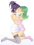  2girls artist_request blush breast_press breasts cencored eyes_closed green_hair hug kiss multiple_girls purple_hair saliva sexy yuri 