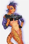  blue_hair bottomless breasts brown brown_nose feline female gloves grin gun hair jacket leopard lips looking_at_viewer makeup mammal multi-colored_hair navel nude orange orange_body plain_background purple_hair pussy ranged_weapon red_eyes rifle short_hair solo spots standing tail thighs vagabondbastard weapon white white_background 