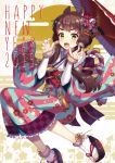  1girl 2019 :d animal_ears bangs blush boar_ears brown_hair claw_pose commentary_request english_text fang fingernails fur_trim green_eyes hair_ornament hands_up happy_new_year ichiren_namiro japanese_clothes kimono long_hair long_sleeves looking_at_viewer low_twintails new_year obi open_mouth original platform_footwear sandals sash smile tabi twintails white_legwear 
