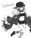  :o bare_legs belt breasts cabbie_hat cleavage fur_trim greyscale hat horns jacket kara_(color) leg_lift medium_breasts microskirt monochrome navel original pointy_ears polka_dot_skirt selkie_(mythology) short_hair simple_background skirt sleeves_past_wrists solo strapless tubetop 