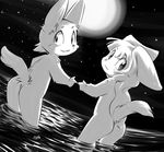  butt canine cub duo female flat_chested fox greyscale looking_at_viewer looking_back looking_over_shoulder male mammal momiji_yu-ga monochrome moon night nude outside skinny_dipping standing water young 
