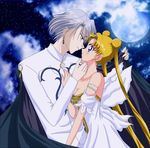  1boy 1girl bare_shoulders bishoujo_senshi_sailor_moon bishoujo_senshi_sailor_moon_r blonde_hair blue_eyes blush breasts cape cleavage diamand double_bun dress earrings eye_contact facial_mark forehead_mark full_moon jewelry kiss long_hair looking_at_another moon neo_queen_serenity night night_sky prince prince_demande prince_diamond princes queen sailor silver_hair sky tsukino_usagi twintails white_dress 