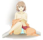  areolae blue_panties breasts brown_eyes brown_hair cencored covering flower hair_ornament hanasaku_iroha japanese_clothes kimono matsumae_ohana niplees no_bra nude panties short_hair sitting solo tears underwear 