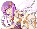  bent_over blush bottomless breasts crescent crescent_hair_ornament hair_ornament mashayuki medium_breasts nipples no_bra no_hat no_headwear one_eye_closed open_clothes open_shirt patchouli_knowledge purple_eyes purple_hair shirt solo tears tentacles touhou wince 