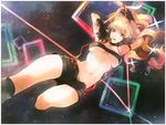  arm_strap arm_up blonde_hair blue_eyes breasts dutch_angle gloves large_breasts long_hair looking_at_viewer macross macross_frontier microphone midriff navel open_mouth s1minami sheryl_nome short_shorts shorts solo space strapless suspenders tubetop underboob 