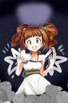  apple apple_inc. brown_hair dress food fruit green_eyes idolmaster idolmaster_(classic) logo solo takatsuki_yayoi twintails yamaque 