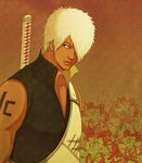  dark_skin dark_skinned_male darui_(naruto) hair_over_one_eye katana male_focus naruto naruto_(series) naruto_shippuuden nigella.a solo sword tattoo weapon white_hair 