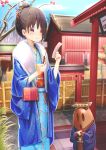  1girl 1other :o :t abo_(kawatasyunnnosukesabu) bag bamboo_fence bangs bird_hair_ornament black_hair blue_flower blue_kimono braid building dango day eating fence flower food fur-trimmed_kimono fur_trim hair_bun hair_flower hair_ornament hair_over_one_eye handbag haniwa_(statue) highres holding japanese_clothes kanzashi kimono long_sleeves looking_at_viewer mitarashi_dango obi object_on_head omikuji original outdoors red_eyes sash standing wagashi wide_sleeves 