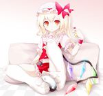  ball blonde_hair blush bow buttons checkered checkered_floor crystal feet flandre_scarlet frilled_shirt_collar frilled_skirt frilled_sleeves frills full_body gradient_eyes hair_bow hat highres holding implied_footjob knee_up looking_at_viewer lotion_bottle midriff miniskirt mob_cap multicolored multicolored_eyes oouso orange_eyes parted_lips pillow red_bow red_eyes red_skirt red_vest side_ponytail sitting skirt skirt_set slit_pupils solo sweatdrop thighhighs touhou vest white_legwear wings wrist_cuffs yin_yang yin_yang_orb 