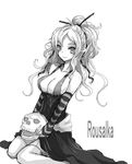  bare_shoulders breasts cleavage collarbone corset detached_sleeves greyscale hair_ornament hair_ribbon kara_(color) large_breasts long_hair monochrome mythology original pointy_ears ponytail ribbon rusalka simple_background sitting skull slavic_mythology smile solo thighhighs wariza 