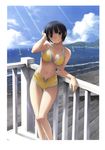  1girl absurdres bikini black_eyes black_hair blue_background breasts cleavage cloud hashimoto_takashi highres ichinose_mio light_rays light_smile ocean open_fly short_hair sky smile solo stairs sunbeam sunlight swimsuit thigh_gap unzipped water white_breath windsurfing yellow_bikini 