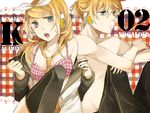  1girl black_legwear blonde_hair blue_eyes bra brother_and_sister dress hair_ornament hair_ribbon hairpin headphones kagamine_len kagamine_rin kiri_(lwp01_lav) lingerie necktie off_shoulder open_clothes open_dress open_mouth pants ponytail red_bra ribbon shirt short_hair siblings sitting thighhighs topless twins underwear undressing vocaloid yellow_neckwear 