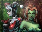  awa_suna bad_id bad_pixiv_id batman_(series) blue_eyes breasts cleavage dc_comics domino_mask elbow_gloves facepaint gloves green_eyes green_skin harley_quinn hat impossible_clothes jester long_hair mask medium_breasts multiple_girls poison_ivy red_hair skin_tight 