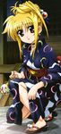  absurdres blonde_hair choker earrings fate_testarossa hair_up highres japanese_clothes jewelry kimono legs long_image lyrical_nanoha mahou_shoujo_lyrical_nanoha mahou_shoujo_lyrical_nanoha_the_movie_1st non-web_source nyantype official_art okuda_yasuhiro one_knee red_eyes sandals solo stick_poster tall_image water_yoyo yukata 