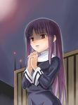  asagami_fujino bangs blunt_bangs hige_shinshi kara_no_kyoukai long_hair praying purple_hair red_eyes school_uniform solo 