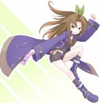  :o arm_up blush boots bow brown_hair cellphone collarbone green_eyes hair_bow hair_ornament if_(choujigen_game_neptune) jacket legs long_hair long_sleeves looking_back midriff navel neptune_(series) open_mouth phone shorts solo yatsuzuka_spina 