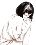  bangs bare_shoulders black_hair bob_cut brown_eyes copyright_request glasses leg_hug lips looking_back monochrome off_shoulder red-framed_eyewear short_hair simple_background sitting sleeves_pushed_up smile solo sousou_(sousouworks) spot_color 