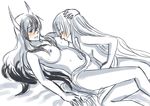  aoi-tama blush breast_sucking breasts ex-keine fingering fujiwara_no_mokou horns kamishirasawa_keine large_breasts long_hair multiple_girls nipples nude sketch touhou yuri 