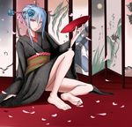  barefoot blue_hair cherry_blossoms cup hair_ornament hair_stick hair_up japanese_clothes kimono petals red_eyes sakazuki selvaria_bles senjou_no_valkyria solo yuuge_ningen 