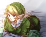  androgynous bed blonde_hair blue_eyes crossed_arms earrings hat jewelry link lying male_focus pointy_ears solo suzuno_(kazahanasu) the_legend_of_zelda tunic 
