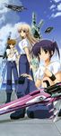  2girls absurdres bible_of_silver_cross blonde_hair blue_hair book brown_hair cloud day higa_yukari highres isis_eaglet lily_strosek long_hair long_image lyrical_nanoha mahou_senki_lyrical_nanoha_force multiple_girls non-web_source nyantype official_art shirt_lift short_hair side_ponytail sky stick_poster strike_cannon tall_image thoma_avenir very_long_hair yellow_eyes 