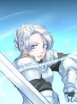  armor blue_background braid chris_lightfellow colored_eyelashes french_braid gensou_suikoden gensou_suikoden_iii gloves grey_eyes hair_up k101 knight short_hair solo sword weapon white_hair 