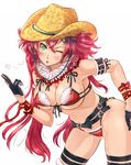  arm_strap bikini blown_kiss blush breasts cleavage cowboy_hat front-tie_top fur_trim gloves green_eyes hat heart highleg highleg_bikini highleg_swimsuit highres kagura_(oneechanbara) kazeno large_breasts leaning_forward lips long_hair looking_at_viewer navel one_eye_closed oneechanbara pink_hair red_bikini red_hair ribbon simple_background skindentation solo strap string_bikini swimsuit thigh_strap twintails western white_background 