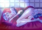  bare_shoulders bayonetta bed blue_eyes earrings female glasses gun japanese_clothes jeanne_(bayonetta) jewelry kimono lipstick lying makeup nail_polish pillow short_hair silver_hair solo tomasahouse29 weapon 